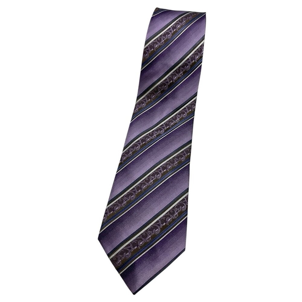 SERICA Men's 100% Silk Necktie LUXURY Tie Purple Striped Baroque W:3.5" EUC